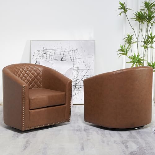 29" Wide Tufted Faux Leather Swivel Barrel Chair Set of 2, PU Leather Modern Upholstered Accent Chairs with Nailhead Trim, Small Armchair for Living Room Bedroom, Cream