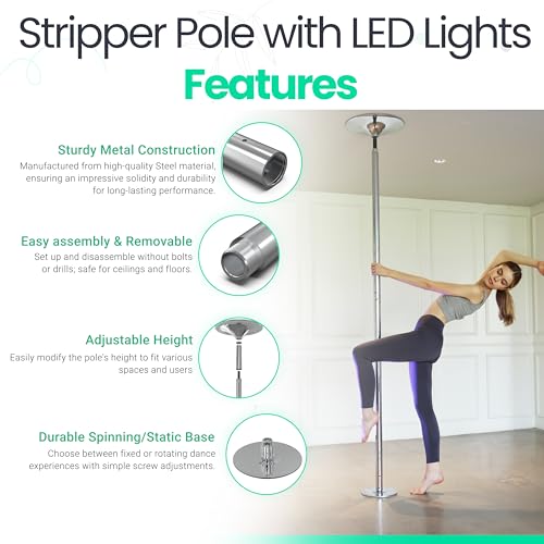 GOODTIMES Dance Pole - Professional Dancing Pole with LED Lights - Portable Heavy Duty Spinning & Static Dancing Pole for Dancing - Height Adjustable Dance Fitness Pole for Training & Exercise
