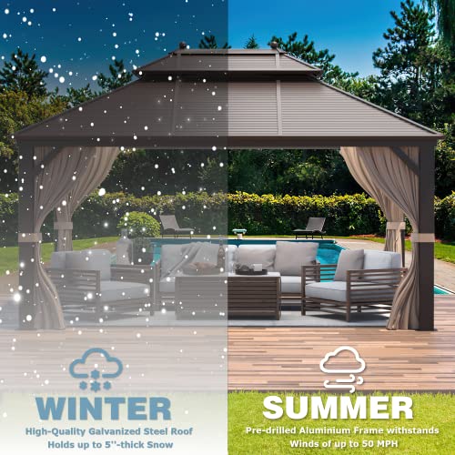 MELLCOM 12'x16' Hardtop Gazebo, Galvanized Steel Metal Double Roof Canopy with Curtains and Netting, Brown Permanent Pavilion Gazebos with Aluminum Frame for Garden, Patio, Lawns, Deck