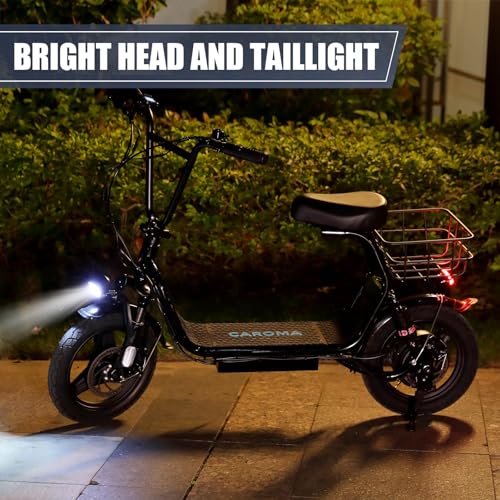 Caroma Peak 500W/800W/1200W Electric Scooter with Seat, Max 15/20/30Miles Range&20MPH, 14" Tires Foldable Adult Electric Scooter with Basket for Pets & Cargo, Dual Shock Absorbing Ebike for Commuting