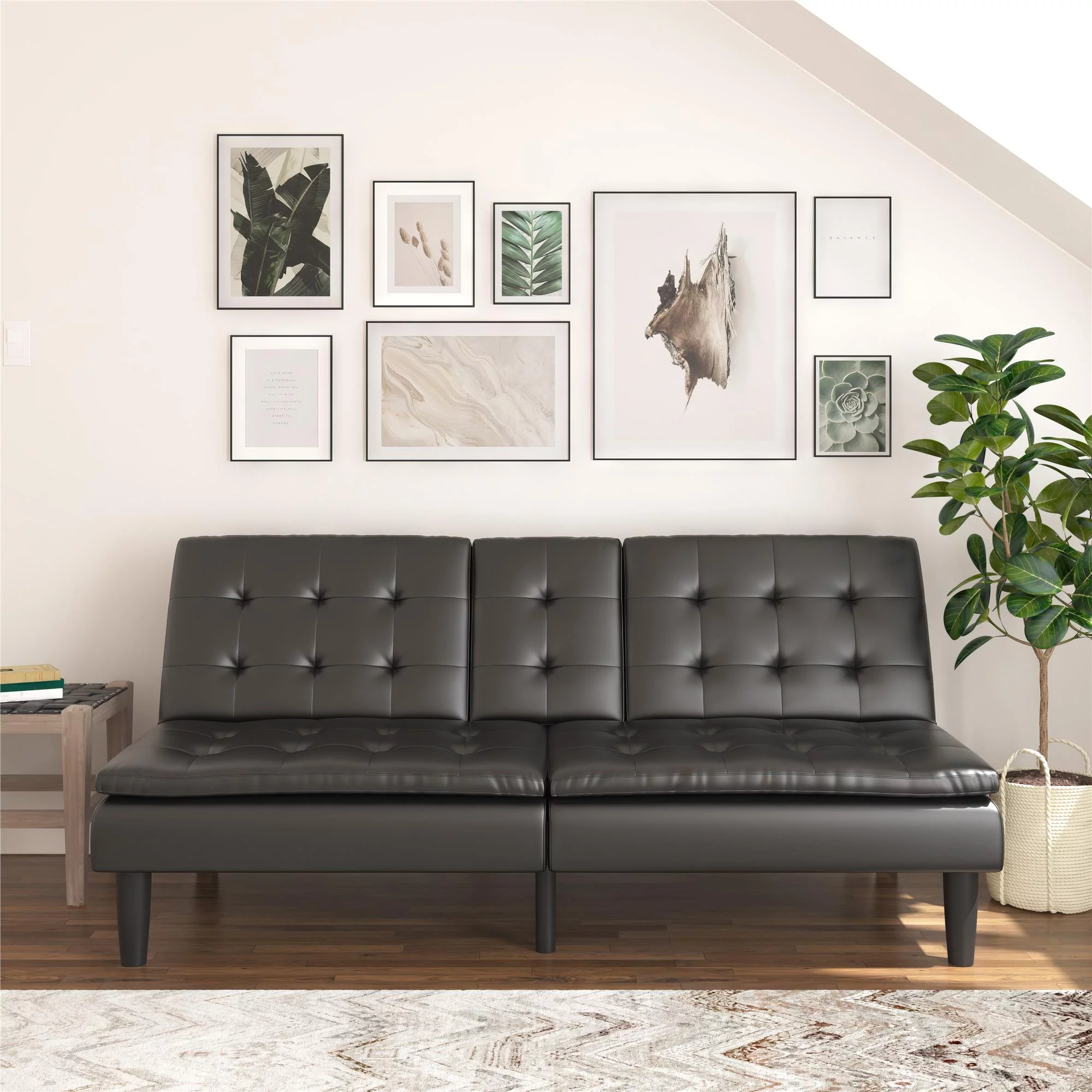 Mainstays Memory Foam Futon with Cupholder and USB, Black Faux Leather