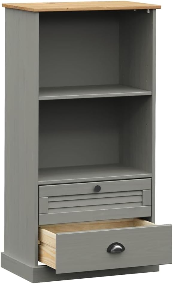 vidaXL VIGO Gray Solid Pine Wood Bookcase Storage with 2 Tier Shelves/2 Drawers - Rustic Bookshelf for Living Room/Study/Bedroom