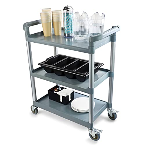 New Star Foodservice 54538 250-Pound Plastic 3-Tier Utility Bus Cart with Locking Casters, 32" x 16" x 38", Black
