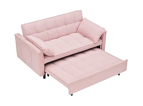 Pull-Out Corduroy Sofa Bed, 3-in-1 Convertible Sleeper Chair Couch Bed, Love seat Chaise Lounge with Side Pockets for Living Room, Bedroom, Office (Beige)