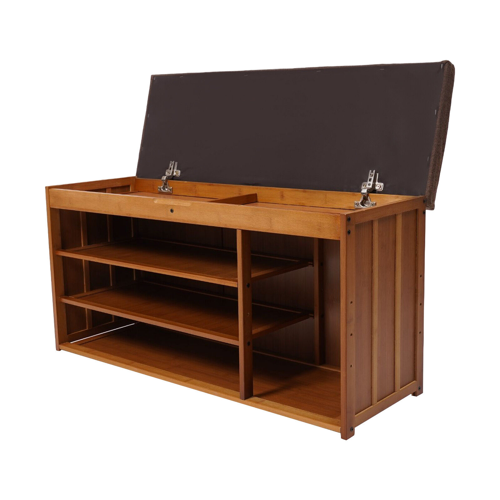 3 Tier Brown Shoe Bench Bamboo Shoe Rack Storage Cabinet Organizer W/Cushion for Entryway Bedroom