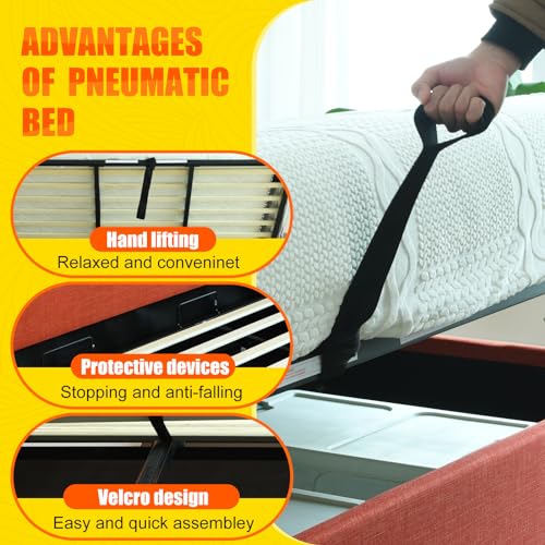 Queen Size Hydraulic Lift Bed, Upholstered Platform Storage Bed, Dual Wing Back Headboard with Gold Line Accents, Hydraulic Support Bars, No Box Spring Required, Easy Assembly (OCHER, King)