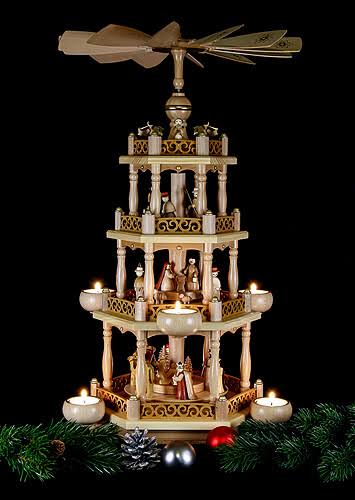 German Christmas Pyramid Nativity Scene, 3-tier, Height 55 cm / 22 inch, Natural with Tealights, Original Erzgebirge by Richard