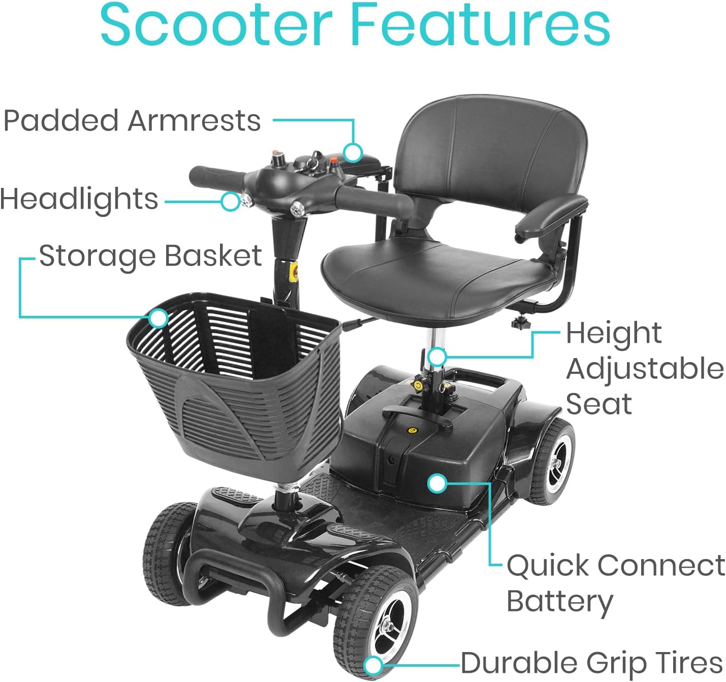 Vive 4 Wheel Mobility Scooter - Electric Powered Wheelchair Device - Compact Heavy Duty Mobile for Travel, Adults, Elderly - Long Range Power Extended Battery with Charger and Basket Included