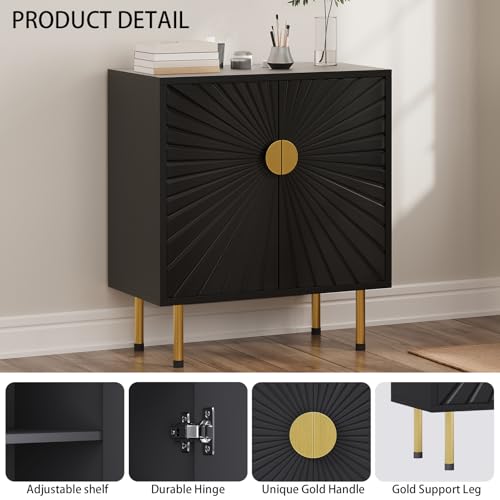 White Accent Storage Cabinet with Gold Handle Set 2- Decorative Flower Pattern Doors - Versatile Buffet Cabinet with Storage - Elegant Sideboard Cabinet - Perfect Credenza for Any Room