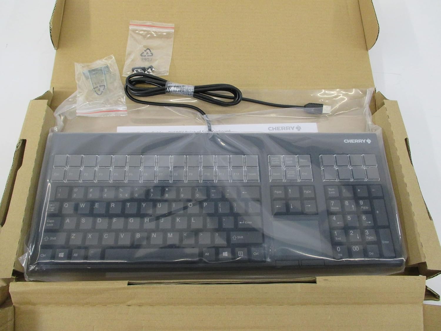 Cherry Electronics G86-71401EUADAA LPOS Keyboard with Touchpad, USB Interface, Qwerty US Key Layout, 17.4" W x 7.2" D x 1.3" H, Black