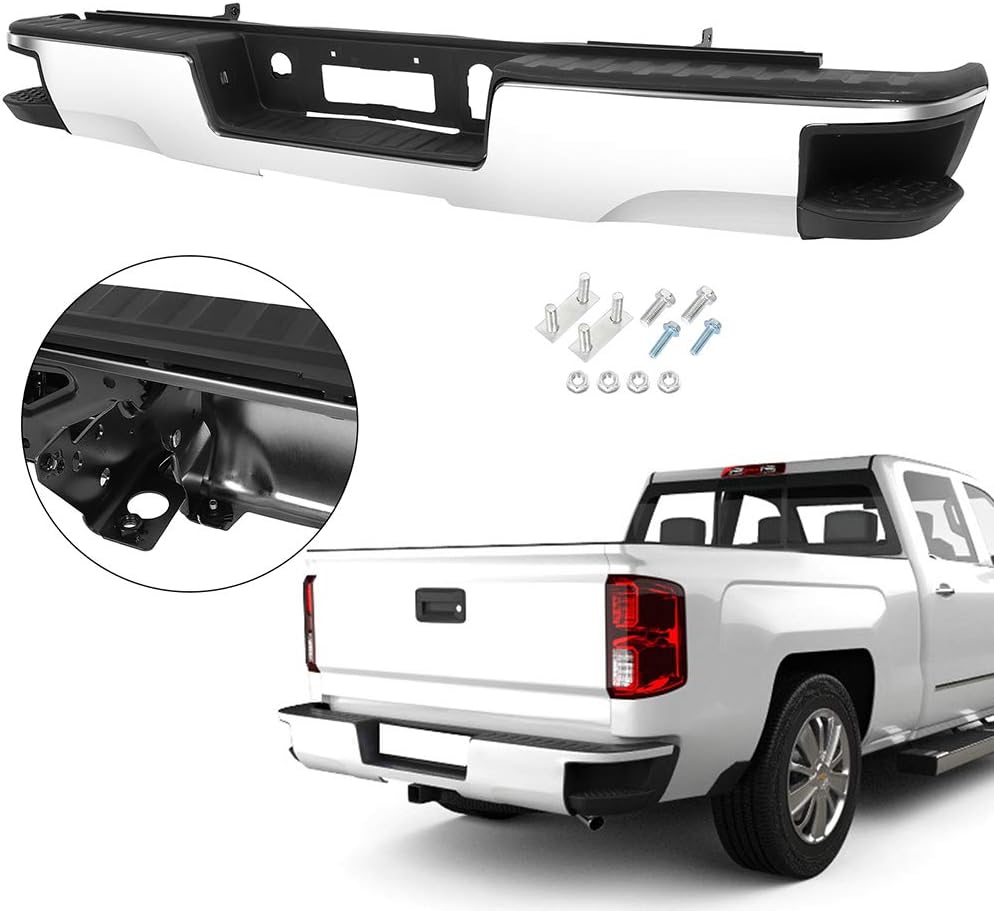FINDAUTO Chrome Back Bumpers, Rear Step Bumper fit for 2014-2018 for Chevy Silverado for GMC Sierra 1500 without Parking Sensor Holes