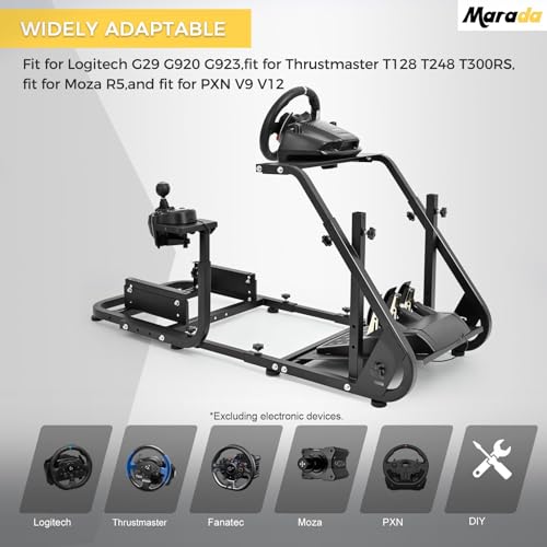 Marada Reinforced Stabilizing Racing Steering Wheel Cockpit Compatible with Fanatec, PXN, Thrustmaster, Logitech Device Adjustable Driving Simulator TV Stand Wheel & Pedal & Handbrake Not Included