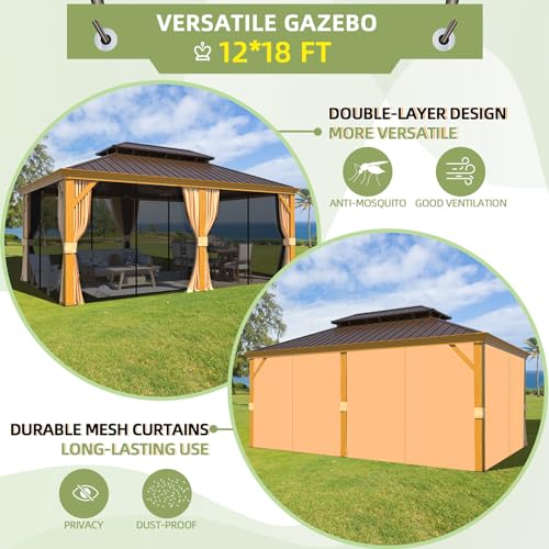 EROMMY 14'x20' Hardtop Gazebo Double Roof Galvanized Steel Canopy Outdoor Aluminum Frame Permanent Metal Pavilion with Netting and Curtains for Patio Backyard Deck and Lawns