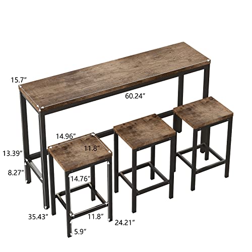 Danxee 4 Piece Iron Kitchen Breakfast Nook Counter Height Dining Table Set with 3 Wood Stools, Compact Kitchen Table for Kitchen, Dining Room, Dinette, Breakfast Nook, Pub Table (Natural)