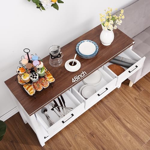 48” Farmhouse Buffet Cabinet - Sideboard with 3 Drawers, 2 Barn Doors, Wine & Glass Rack, Storage Shelves, Ideal for Dining Room, Kitchen, Living Room