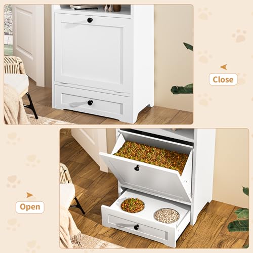 Dog Feeding Station, Dog Food Storage Container with 2 Raised Dog Bowls, Pet Food Cabinet with Pull-Out Elevated Dog Bowl for Water&Feeding Supplies, Pet Feeder Station Furniture for Dogs Cats, Brown