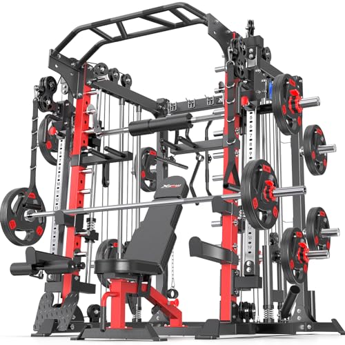 L05/07 Smith Machine，Multi-Function Squat Rack Power Cage with Cable Crossover System,with Weight Bench, Olympic Barbell Weight Set, for Home Gym