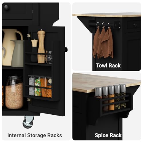 Large Kitchen Island On Wheels with Storage 54in Width Mobile Moveable Portable Rolling Wood Island for Kitchen Dining Room with Drawers Cabinet Spice Rack Towel Rack