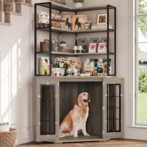 Corner Dog Crate Furniture with Storage, Decorative Large Dog Kennel Indoor Furniture with Double Doors, 2 Safety Locks, 4-Tier Shelves, Large Dog Cage Furniture for Medium and Big Dogs