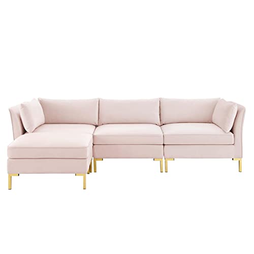 Modway Ardent Performance Velvet Sectional Sofa, 5 Piece L-Shape, Pink