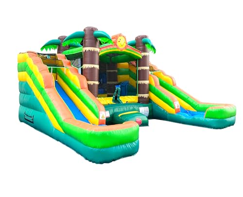 Pogo Bounce House Crossover Tropical Inflatable Bounce with Double Inflatable Water Slides for Kids, 16.5 x 15 x 11 Foot, Bouncy House, Commercial Outdoor Party Bouncer with Blower, Stakes, Bag