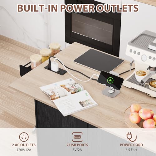 Kitchen Island on Wheels with Storage, Rolling Kitchen Islands with Drop Leaf&Power Outlet, Mobile Kitchen Island Cart with Trash Can Storage, Spice Rack, Towel Rack, Storages Cabinet ,Drawers