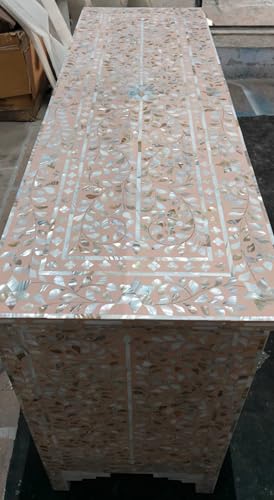 Inlay Floral Design Hand Painted Wooden Chest of Drawers for Bedroom, Living Room, Dining Room, Office, Home Decor, Pink (Gray)