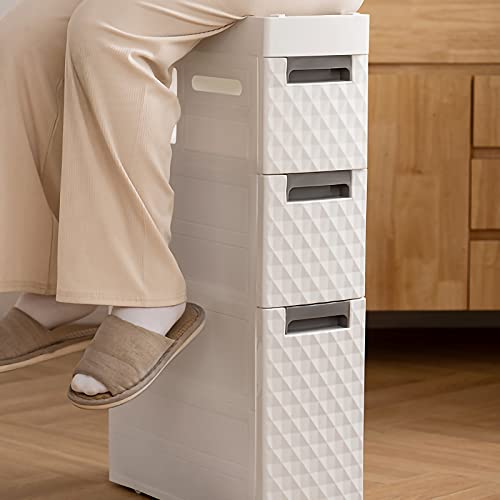 Small Bathroom Storage Cabinet with Moveable Drawers Slim Storage Tower with Wheels Drawer Cart Storage Tower Furniture Narrow Storage Drawer Cart Unit for Bedroom Hallway Closet Office Organization