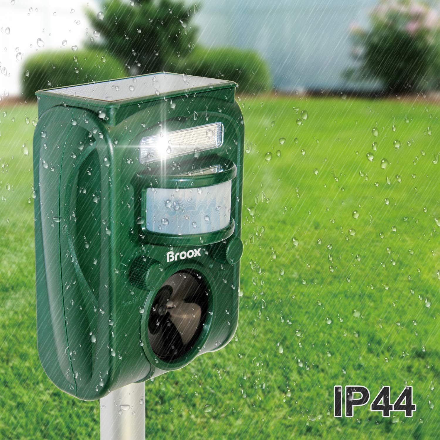 Broox Solar Animal Repeller, Ultrasonic Repellent, Motion Detection, LED Flashing Light, Dog, Cat Repellent, Squirrel, Raccoon, Skunk, Rabbit, Rodent, Fox, Deer, etc.