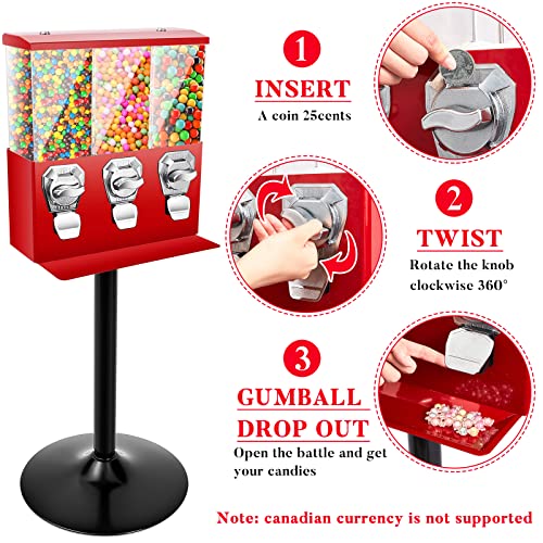 Treela Black Commercial Candy Vending Machine with Stand Triple Head Vending Machine Gumball Vending Machine with Removable Canisters 25 Cent Coin Operated Candy Dispenser for Business