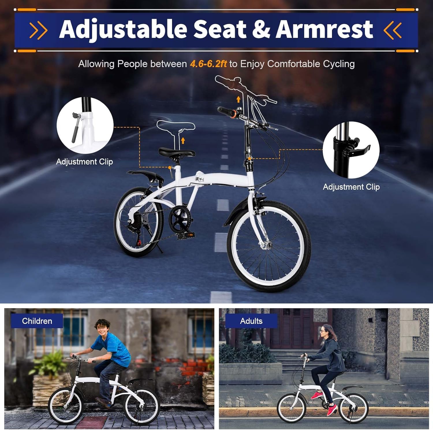 ‎20 Inch Folding Bike, 6 Speed Shifter Foldable Bicycle, Folding Bicycle with Adjustable Hight, Lightweight Foldable Bike for Men Women Riding, White