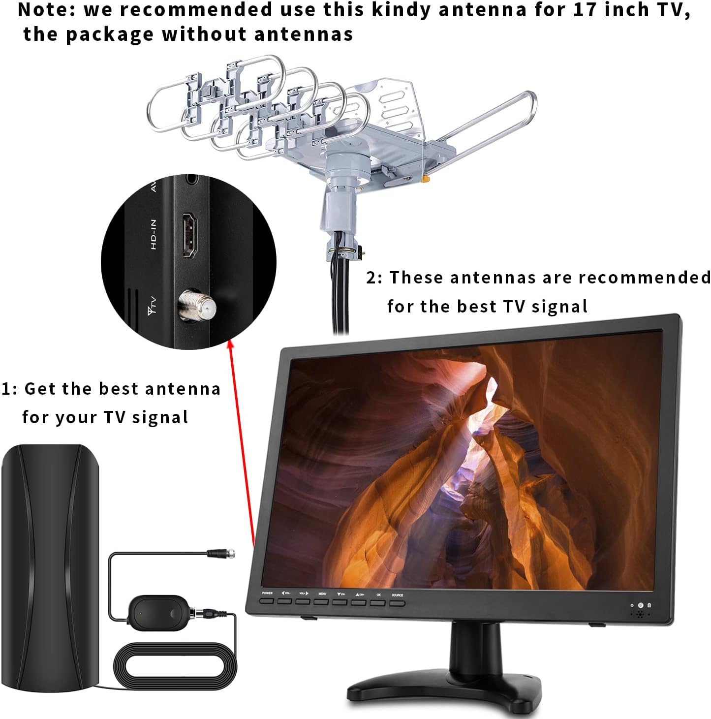 17 inch TV, Widescreen LED Portable TV with ATSC Digital Tuner, HDMI, AV Video Input, ATSC Tuner, USB Port, Built-in Speakers for Car, Caravan, Office and Kitchen