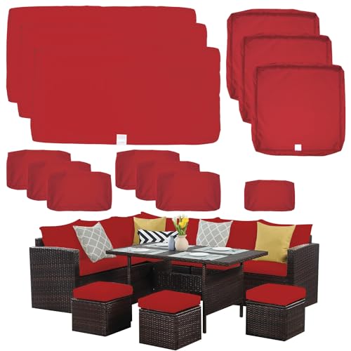 ClawsCover 13Pack Outdoor Seat and Back Cushions Replacement Covers Fit for 7Pieces Wicker Rattan Patio Furniture Set Sectional Couch with Dining Table and Ottoman,Red-Include Cover Only