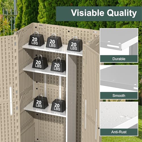 60 Cu.Ft Vertical Outdoor Storage Shed, All-Weather Resin Storage Cabinet Waterproof with Lockable Floor, Tall Backyard Shed for Patio Furniture, Garage, Garden, Pool Accessories, Porch (Khaki)
