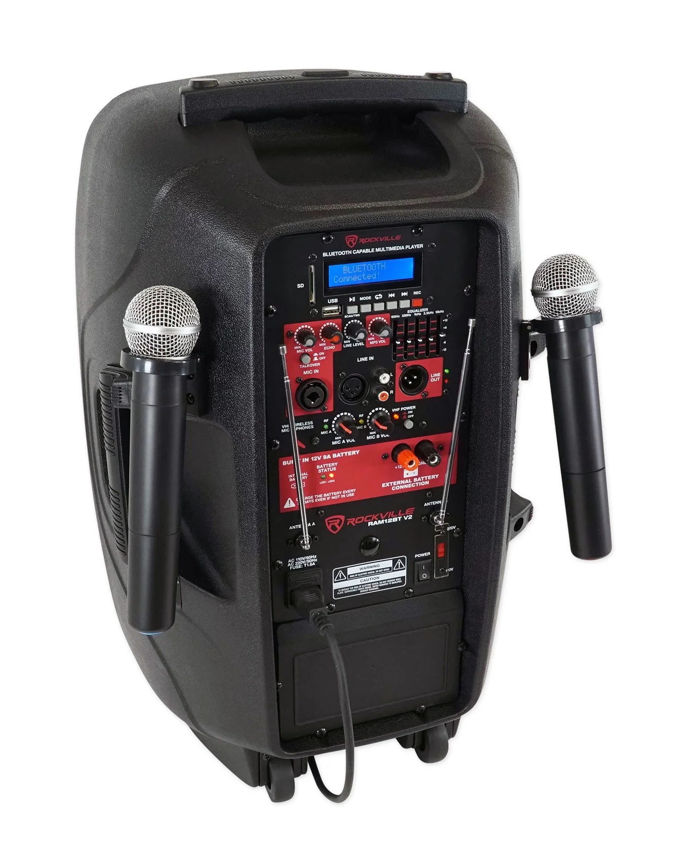 Rockville RAM12BT 12" Rechargeable Powered 600W DJ PA Speaker, 2 Mics, Bluetooth