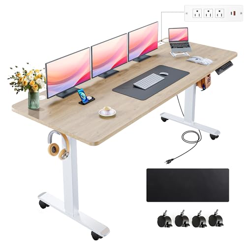farexon Electric Standing Desk 55 x 24In with Charging Station, Stand up Desk with Oversized Mouse Pad, 2 USB Ports & 3 Power Outlets, 4 Caster, 4 Preset Heights Easy to Set（Brown）