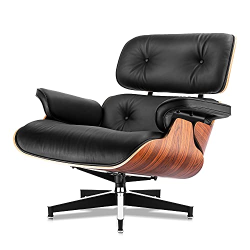 Mid Century Lounge Chair and Ottoman, Modern Chair Classic Design, Top Black Grain Leather Palisander Wood, Heavy Duty Base Support for Living Room Study Lounge Office