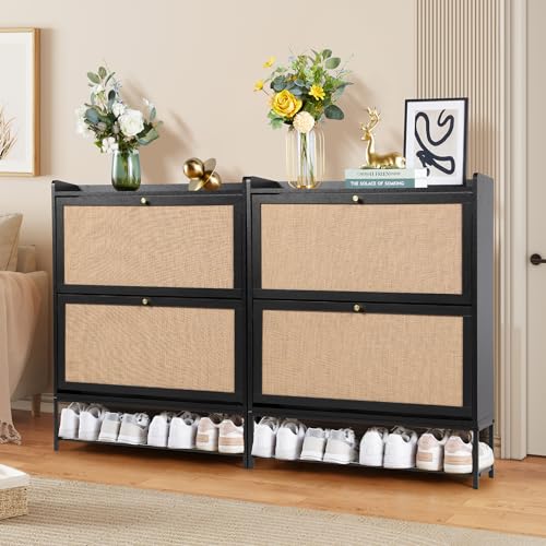 LEVNARY Shoe Cabinet Set of 2, Wooden Narrow Shoe Racks Cabinet Storage with 2 Flip Drawers, Hidden Freestanding Shoe Organizer for Hallway, Entryway, Home (2, Walnut)