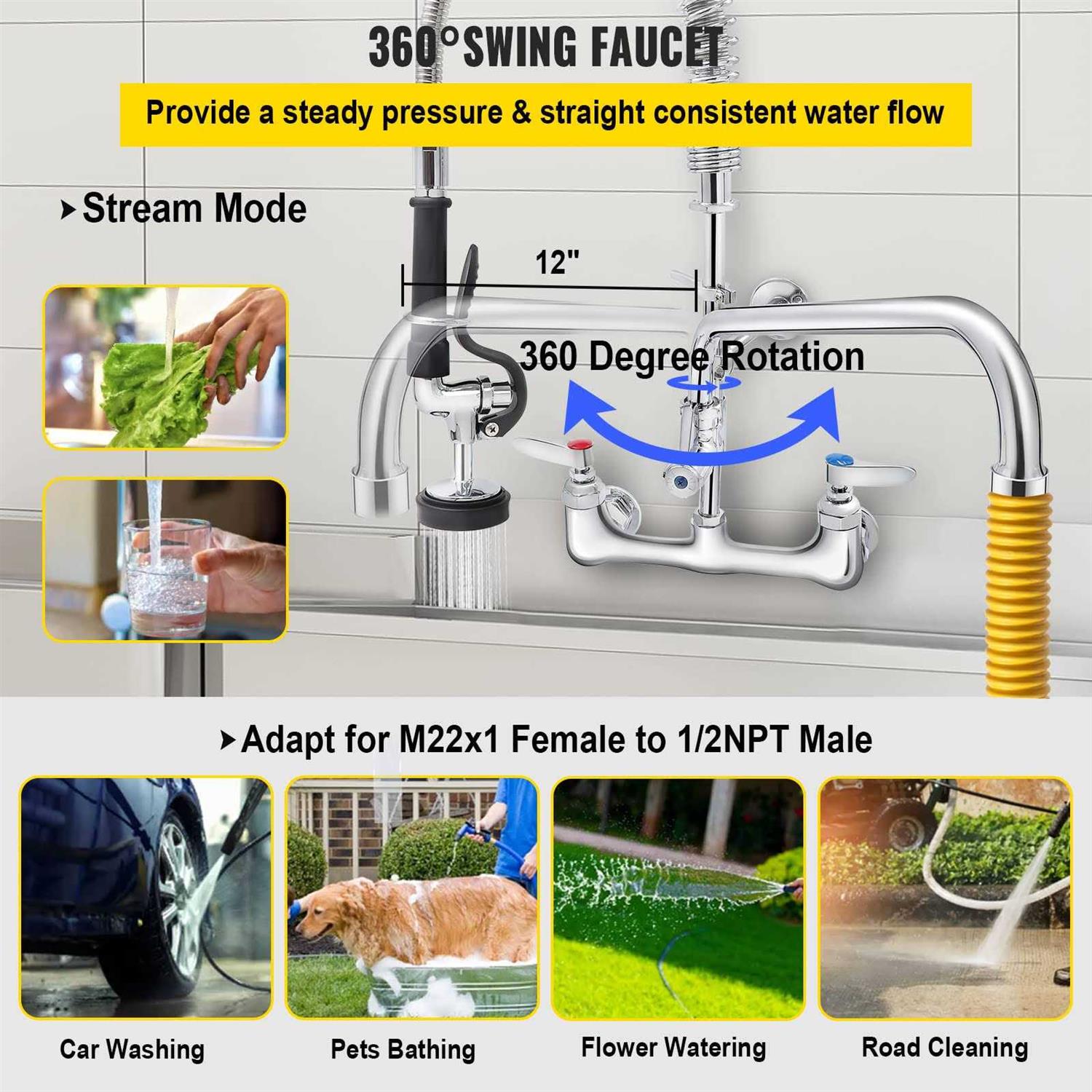 VEVOR Commercial Faucet with Pre-Rinse Sprayer 8 Adjustable Center Wall Mount Kitchen Faucet with 12 Swivel Spout - Shop Hardware Tools Online Store