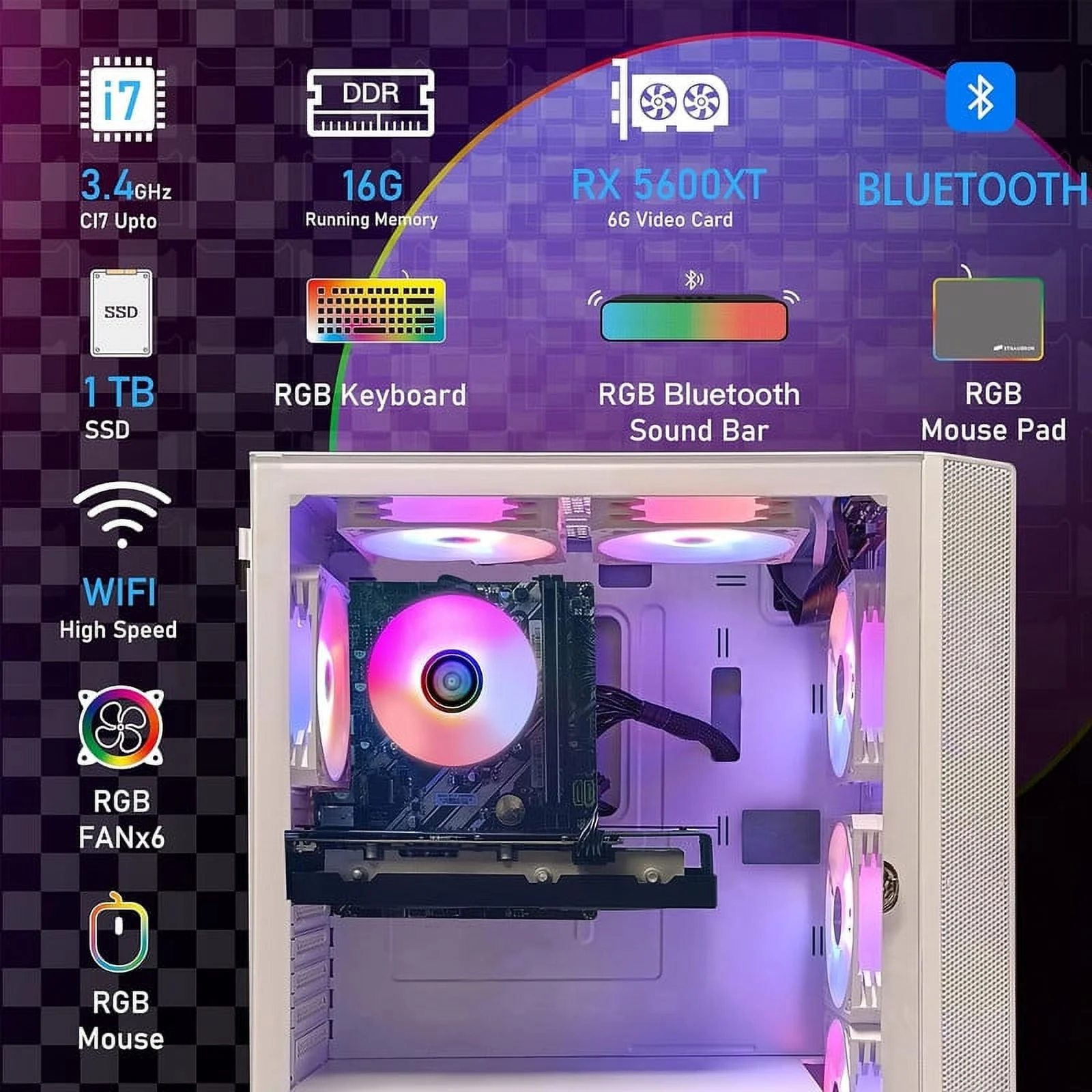 STGAubron Gaming Desktop PC, Intel Core i7 3.4G up to 3.9G, 16G RAM, 1T SSD, Radeon RX 5600 XT 6G GDDR6, 600M WiFi, BT 5.0, RGB Fan x 6, RGB KB & MS & MS Pad, RGB BT Sound Bar, W10H64
