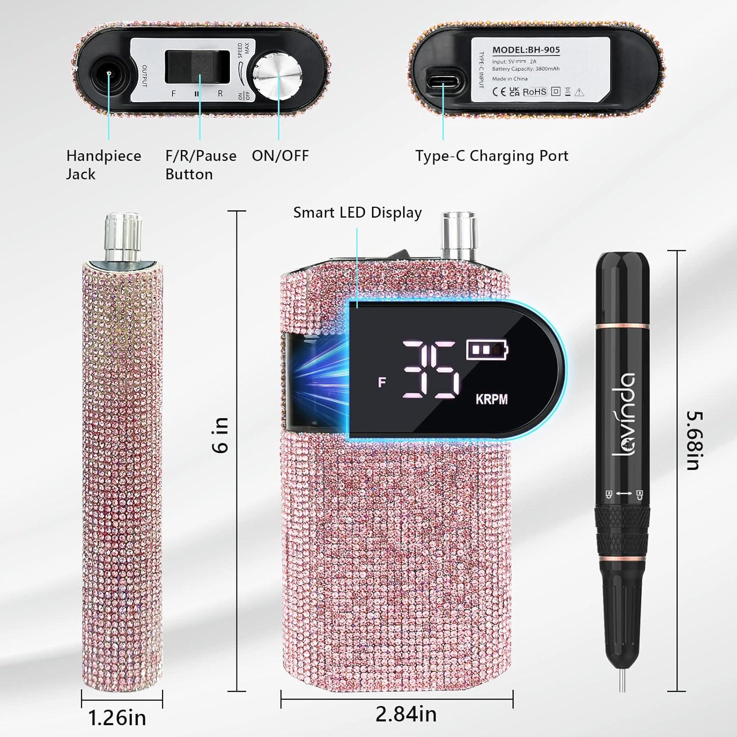 Lavinda Cordless Nail Lamp, UV LED Nail Lamp 56W Nail Dryer for Gel Polish & Professional Nail Drill Machine 35000RPM Electric Nail File for Acrylic Gel Nails Pink Diamond