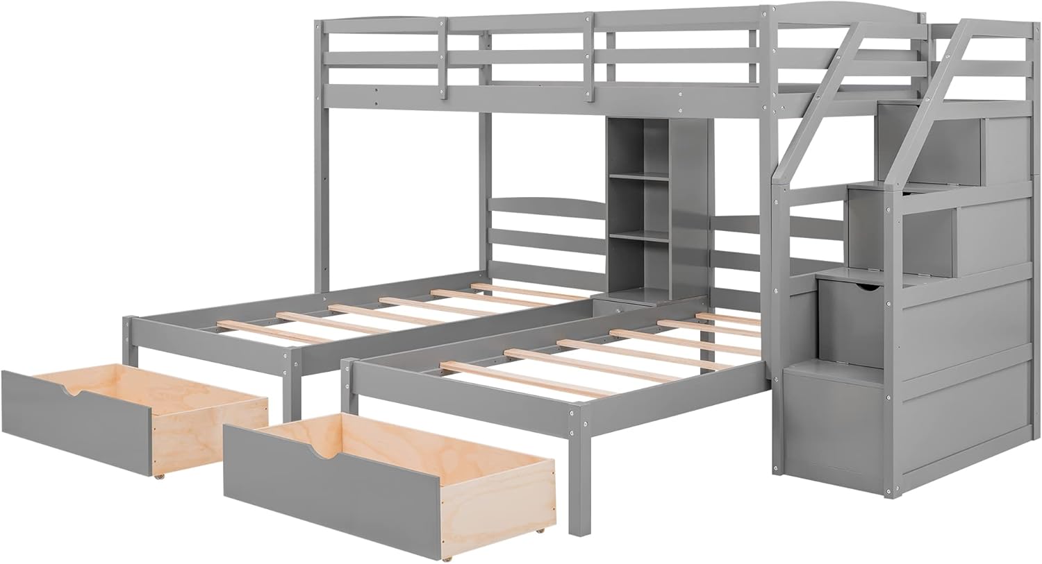 Twin over Twin&Twin Bunk Bed, Triple Bunk Bed with Drawers, Staircase with Storage, Built-in Shelves, Gray