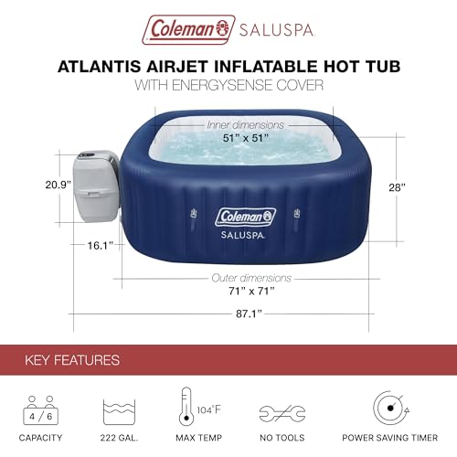 Coleman SaluSpa AirJet 4 to 6 Person Inflatable Hot Tub Square Portable Outdoor Spa with 140 Soothing AirJets and Insulated Cover, Gray