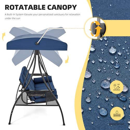 HOMREST 3 Person Outdoor Porch Swing with 1.5" Deep Cup Holder, Adjustable Canopy, Backrest, Patio Swing Bed with Weather Resistant Steel Frame, Cushions for Garden,Deck and Poolside(Blue)