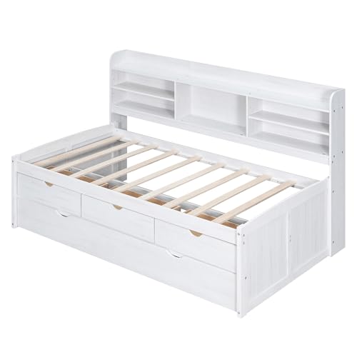 Harper & Bright Designs Twin Size Captain Bed with Built-in Bookshelves/3 Storage Drawers/Trundle, Wooden Twin Daybed Bed Frame for Kids Teens Dorm Bedroom Multipurpose Guest Room, White Wash