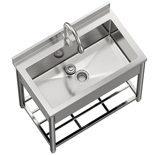 Stainless Steel Large Utility Sink Single Bowl, Freestanding Laundry Sink with Pull-Out Faucet, Utility Sink for Laundry Room, Garage, Kitchen, Outdoor/Indoor Use, W35.4" x D22.4" x H37"