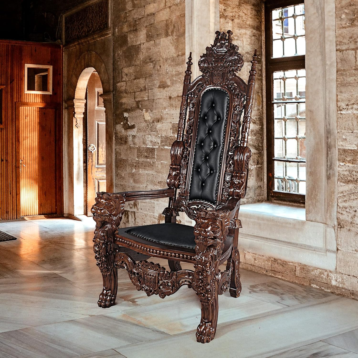 Design Toscano The The Lord Raffles Leather Lion Throne Chair, walnut