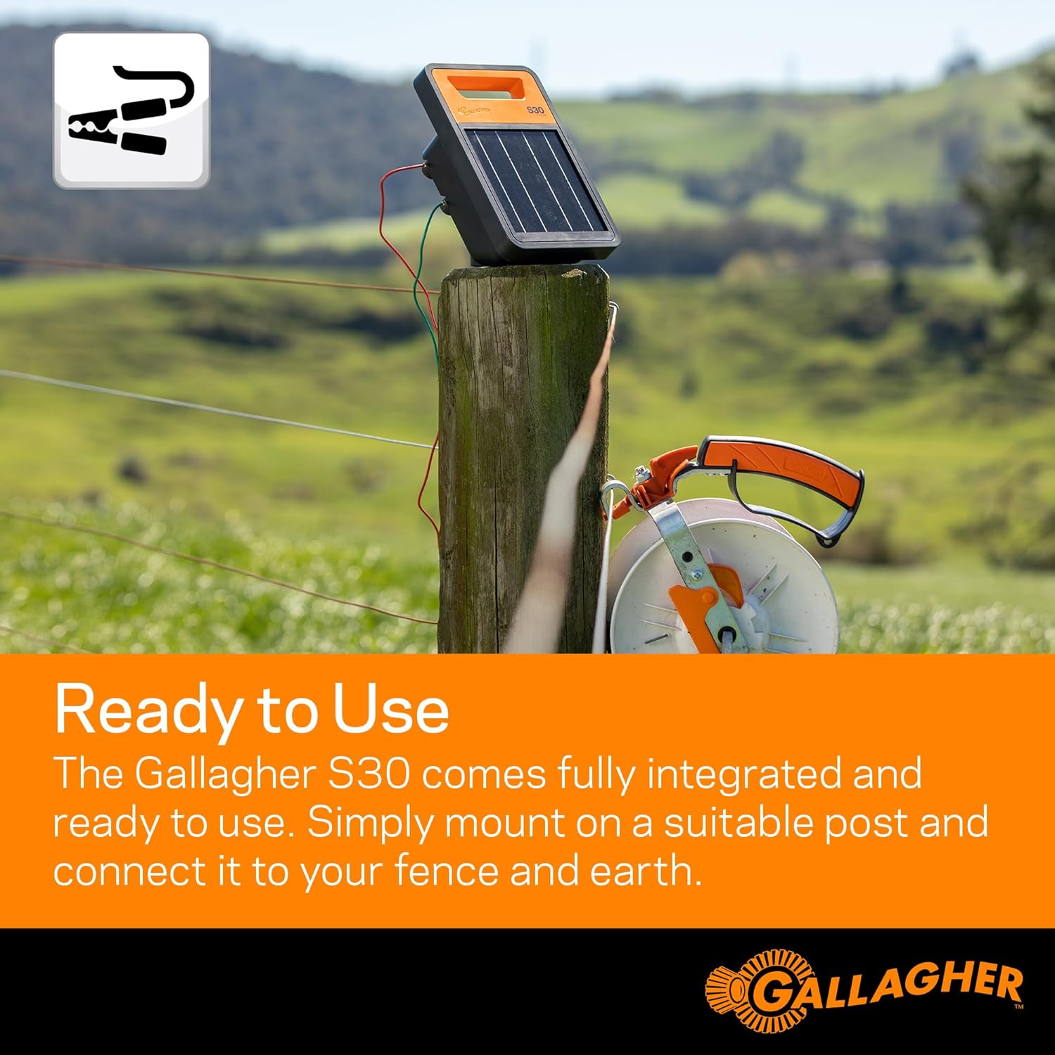 Gallagher S30 Solar Electric Fence Charger | Powers Up to 20 Miles / 60 Acres of Fence | Solar Lithium Technology | 0.3 Stored Joule Energizer | Built-in Earthing | Portable and Super Tough