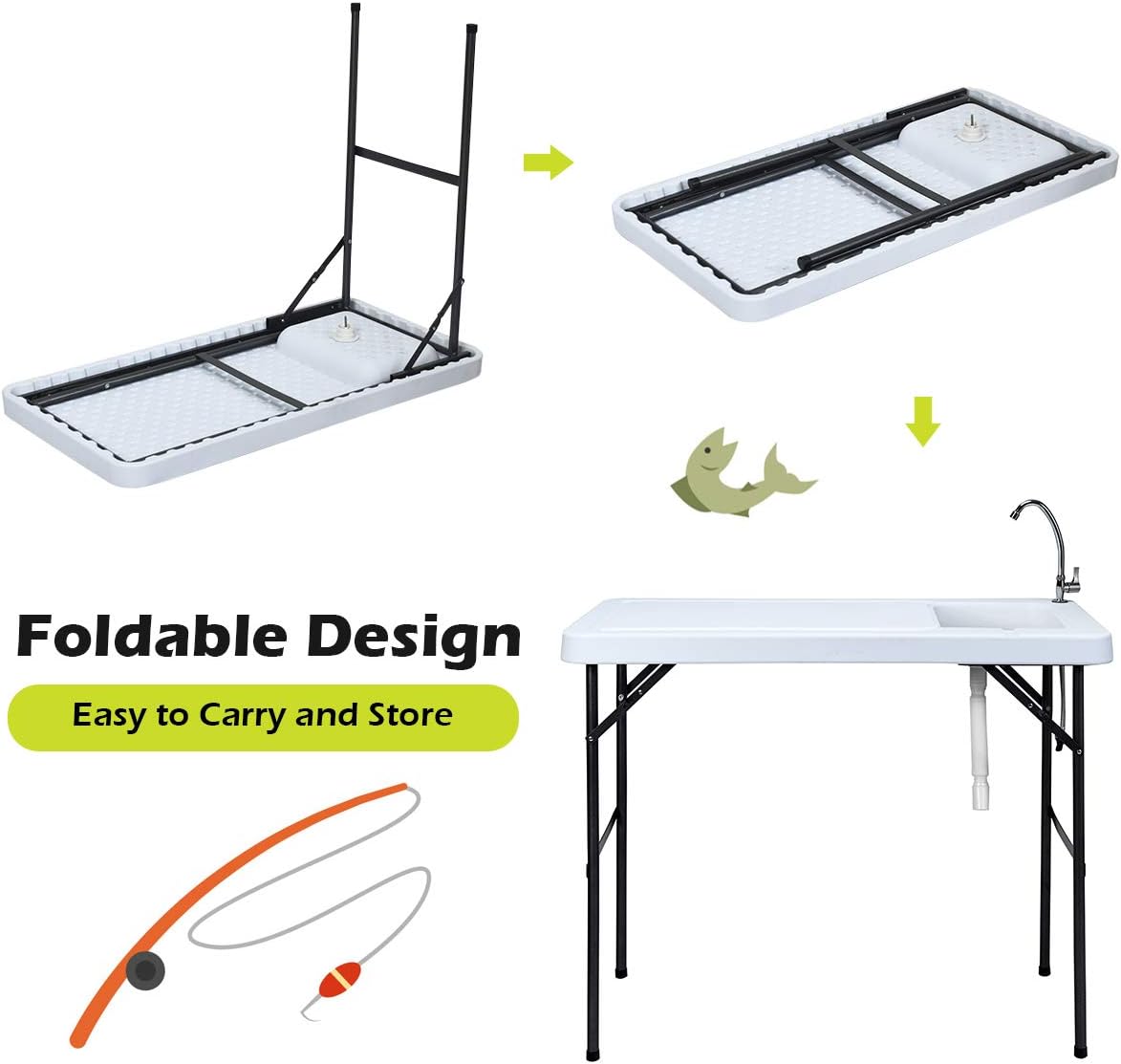 Giantex Folding Fish Cleaning Table, Camping Table with Sink and Faucet, Picnic Table with Drain Hose, Outdoor Cutting Table, Portable Fish Table, 45x 23.6x 37.4