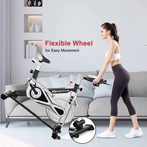 Goplus Adjustable Exercise Bike, Stationary Silent Bicycle with Dual-Spring Shock Absorption Design, Real-time Heart Rate, Cup/Phone Holder and Electronic Display, Indoor Cycling Bike
